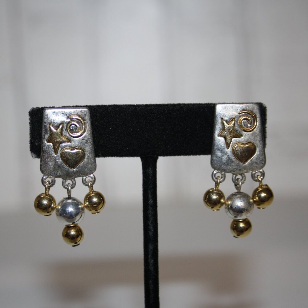 Retro Silver and gold LCi clip on dangle earrings 1.5"
